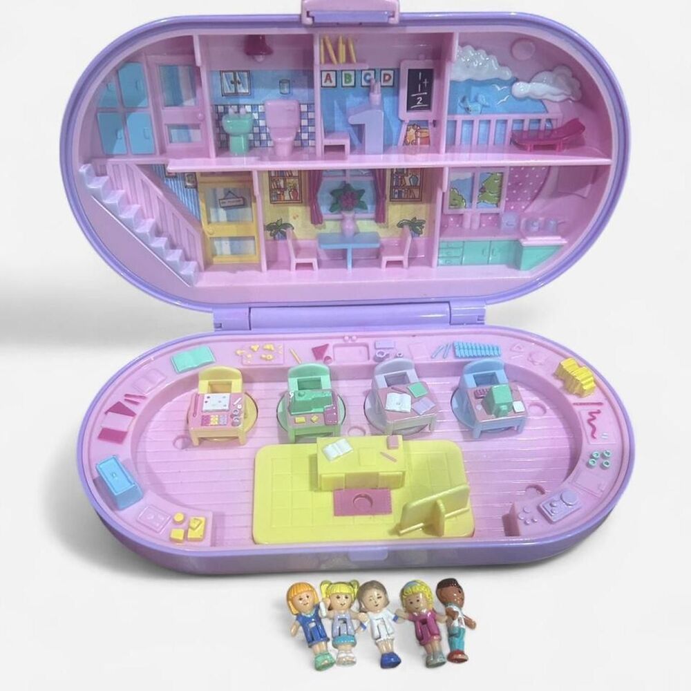 1992 Vintage Purple Polly Pocket Stampin' Schoolhouse with 5 dolls